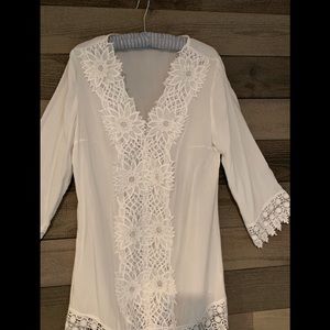White cotton/crochet beach mini or tunic top